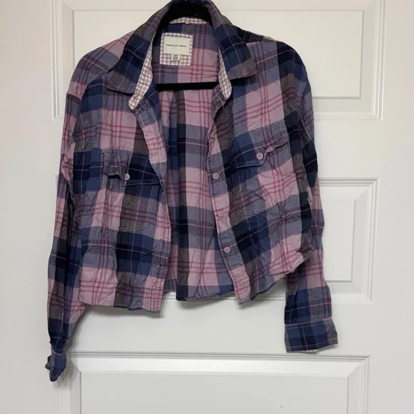 American Eagle Outfitters Pink and Purple Plaid Cropped Shirt - Picture 1 of 5